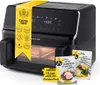A black air fryer with promotional materials attached and placed next to it. Produktbild-Vorschau