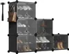 A modular shoe rack with multiple compartments, some containing shoes, and a handbag hanging from a hook on the side. Podgląd zdjęcia produktu