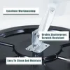 Close-up of a black convex mirror with metal mounting hardware, featuring marketing text overlays. Produktbild-Vorschau