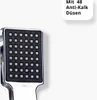 A close-up of a square shower head with multiple small nozzles, set against a white background. Text indicating features is present in the upper right corner. Produktbild-Vorschau
