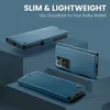 Three views of a blue leather phone case are displayed on blue geometric platforms against a blue background. Produktbild-Vorschau