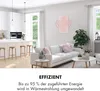 A modern living room and kitchen area with a white sofa, coffee tables, and a kitchen island with stools. A pink infrared heater is mounted on the wall. Podgląd zdjęcia produktu