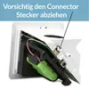 Close-up view of the internal components of a device, showing a battery and circuit board with a connector highlighted by an arrow and text. Produktbild-Vorschau
