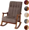 A brown upholstered rocking chair with a wooden frame, shown against a white background. Small circular swatches of different fabric and wood finishes are displayed to the right of the chair. Podgląd zdjęcia produktu
