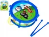 A toy drum with cartoon characters on it, along with two drumsticks. Produktbild-Vorschau