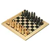 A wooden chess set with black and tan pieces is arranged on a chessboard. Podgląd zdjęcia produktu