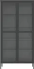A front view of a tall, dark gray cabinet with glass doors and shelves. Produktbild-Vorschau