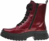 A side view of a red, shiny, lace-up boot with a black sole and zipper. Náhled obrázku produktu