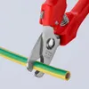 A close-up shot of red handled wire cutters cutting a yellow and green striped wire. Produktbild-Vorschau