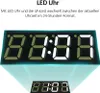 A digital clock display with text describing its features. Produktbild-Vorschau