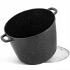 A black pot with white speckles, tilted on its side with a clear lid next to it. Produktbild-Vorschau