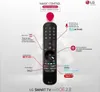 A remote control with callouts highlighting its features. Produktbild-Vorschau