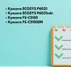 A list of Kyocera printer models is displayed on a light blue background, next to a stylized checklist with green checkmarks. Produktbild-Vorschau
