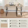 A desk with a laptop and shelves in a room setting, accompanied by feature descriptions. Produktbild-Vorschau