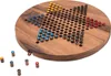 A Chinese Checkers board game made of wood, with colorful marbles arranged in the starting positions. Produktbild-Vorschau