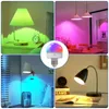 A collage of four images showing different uses of LED light bulbs, with a central image of a single RGB LED bulb. Produktbild-Vorschau