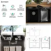Collage of a kitchen sink and its features, with diagrams and text. Produktbild-Vorschau