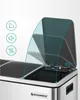 Close-up of a multi-compartment trash can with its lid open, showing the angle of opening and some feature icons. Náhľad obrázku produktu