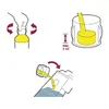 Instructions for using a liquid product, showing how to open a bottle, measure a specific amount, and pour it into a device. Produktbild-Vorschau
