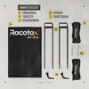 A flat lay image showing a complete set of a Racetex soccer goal for children, including the goal frame, net, stakes, and carrying bag, along with a list of included items. Produktbild-Vorschau