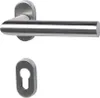 A stainless steel door handle and keyhole escutcheon on a white background. Produktbild-Vorschau