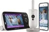 A Philips Avent baby monitor system, including the parent unit, camera unit, and a smartphone displaying the app interface, is displayed against a white background. Produktbild-Vorschau