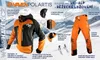 A marketing image showcasing a ski jacket and pants with various features highlighted by text and close-up insets. Náhled obrázku produktu