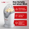 A Clatronic popcorn machine is shown with marketing text highlighting its benefits. Náhled obrázku produktu