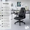 A black office chair is shown in a modern office setting with artwork on the wall and a desk in the background. A vertical panel on the left lists features of the chair. Produktbild-Vorschau