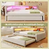A split image showing a bed with LED lighting in the top panel and the same bed with an extended pull-out bed in the bottom panel. Produktbild-Vorschau