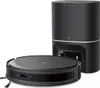 A black robot vacuum cleaner and its charging/emptying station are shown against a white background. Produktbild-Vorschau