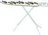A white ironing board with a decorative pattern of black and yellow oval shapes, supported by a light blue metal frame, set against a white background. Anteprima dell’immagine prodotto