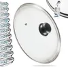 A glass pot lid with a black handle is shown diagonally on a white background. To the left, a stack of pot lids with size indicators is visible. Produktbild-Vorschau