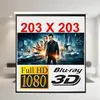 A projection screen displaying a movie poster and product specifications. Produktbild-Vorschau
