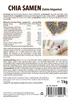 A product label with nutritional information, ingredients, and usage instructions for chia seeds, alongside a lifestyle image of someone preparing a healthy breakfast. Produktbild-Vorschau