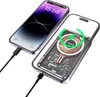 A transparent power bank case is shown with its internal components visible, and a smartphone is placed on top of it, connected by a cable. Produktbild-Vorschau