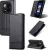 A collage of images showing a black leather phone case from different angles, including its interior card slots and stand feature. Produktbild-Vorschau
