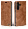 A brown leather flip case for a smartphone, shown from two angles. Produktbild-Vorschau