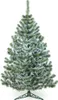 A green artificial Christmas tree with white flocking, standing on a green stand, against a white background. Produktbild-Vorschau