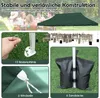Collage of images showing a green party tent, its components, and people enjoying an outdoor gathering. Produktbild-Vorschau