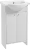 A white bathroom vanity with a sink and two cabinet doors. Produktbild-Vorschau