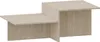 A modern, angular coffee table with a double-tiered top, made of a light-colored, textured material resembling travertine. Náhled obrázku produktu