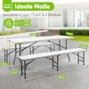 A white plastic folding table and two benches set up on a patio. Produktbild-Vorschau