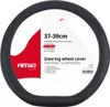 A black steering wheel cover is displayed against a white background, with product information and branding visible on a white card attached to it. Náhľad obrázku produktu