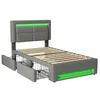 A grey upholstered bed frame with a slatted mattress base and integrated LED lighting. Produktbild-Vorschau