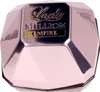 A close-up, angled view of a pink, faceted perfume bottle with gold lettering. Podgląd zdjęcia produktu