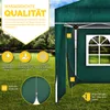 A green pop-up gazebo with informational graphics and text overlays, set up on a grassy lawn with rain effects. Anteprima dell’immagine prodotto