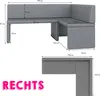 A collage showing different views and dimensions of a gray corner bench, with a prominent pink text overlay. Produktbild-Vorschau