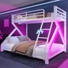 A modern bedroom with a white metal bunk bed illuminated by pink and blue LED lights. Náhled obrázku produktu
