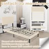 A bed frame with a headboard is shown in a bedroom setting, with a nightstand and closet in the background. An inset image shows the disassembled parts of the bed frame. Produktbild-Vorschau